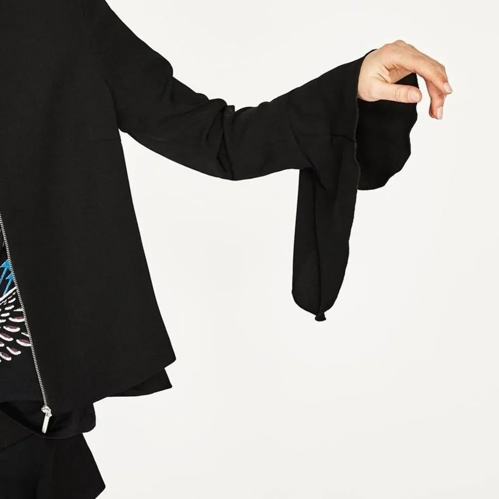 Zara Black Crepe Full Zip Ruffle Bell Sleeve Jacket, Size S NWOT